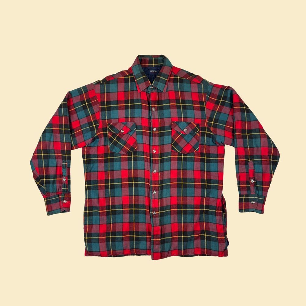 80s plaid flannel jacket, size L vintage plaid shirt jacket by Arrow Sportswear